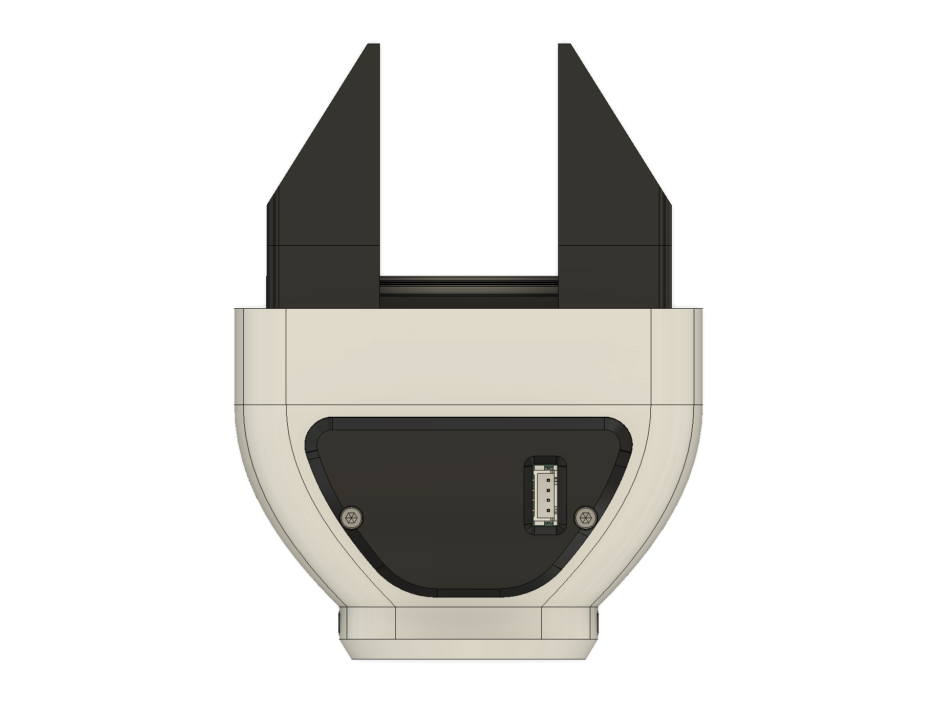 Top view of the gripper CAD looking down at the cover and connector, with the two jaws pointing up