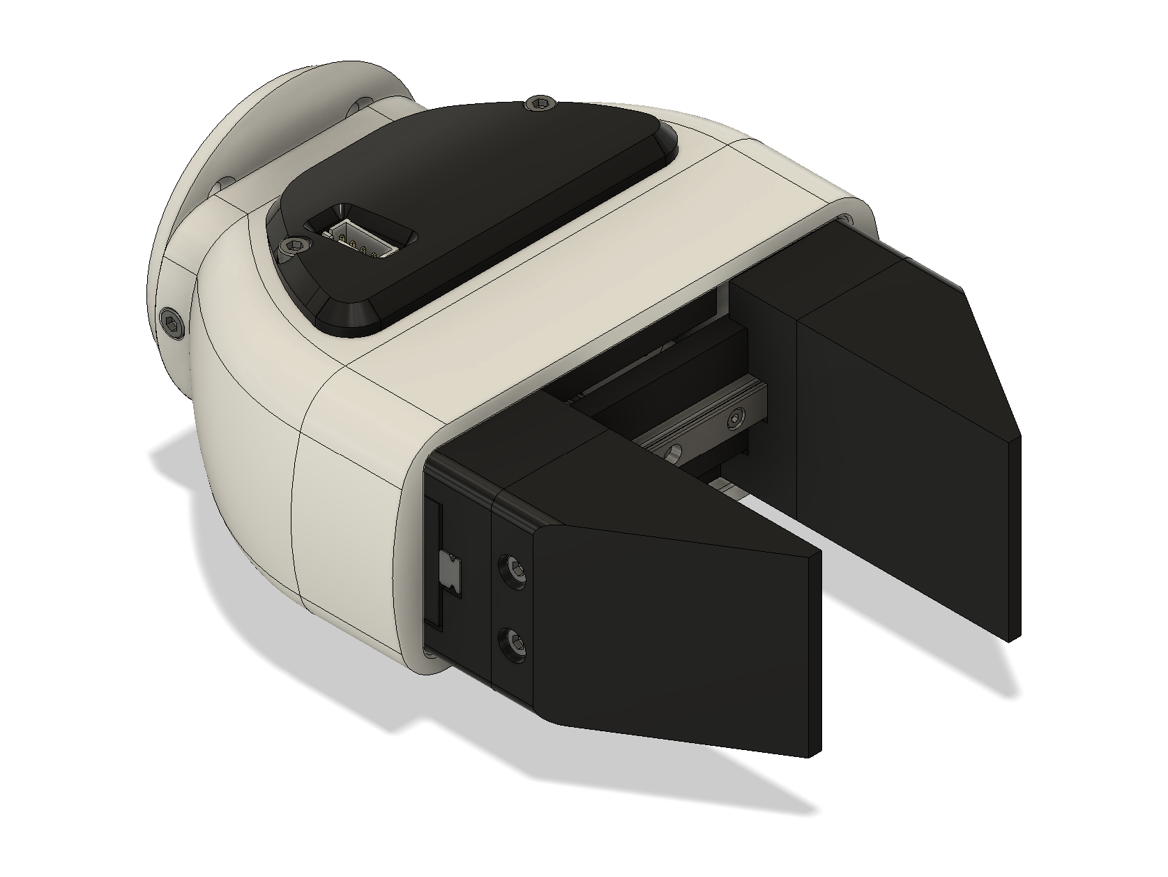 Isometric view of the gripper CAD: a cream housing with the motor mount at the back, a black cover on top with a connector, and two black jaws at the front