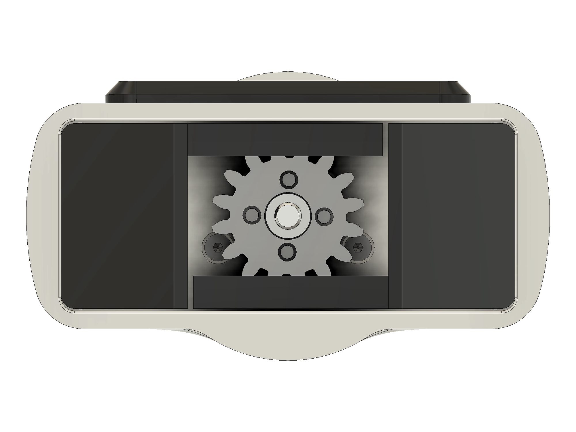 Front view of the gripper CAD with the jaw fingers hidden, showing a 16-tooth pinion with one rack above it and one rack below it