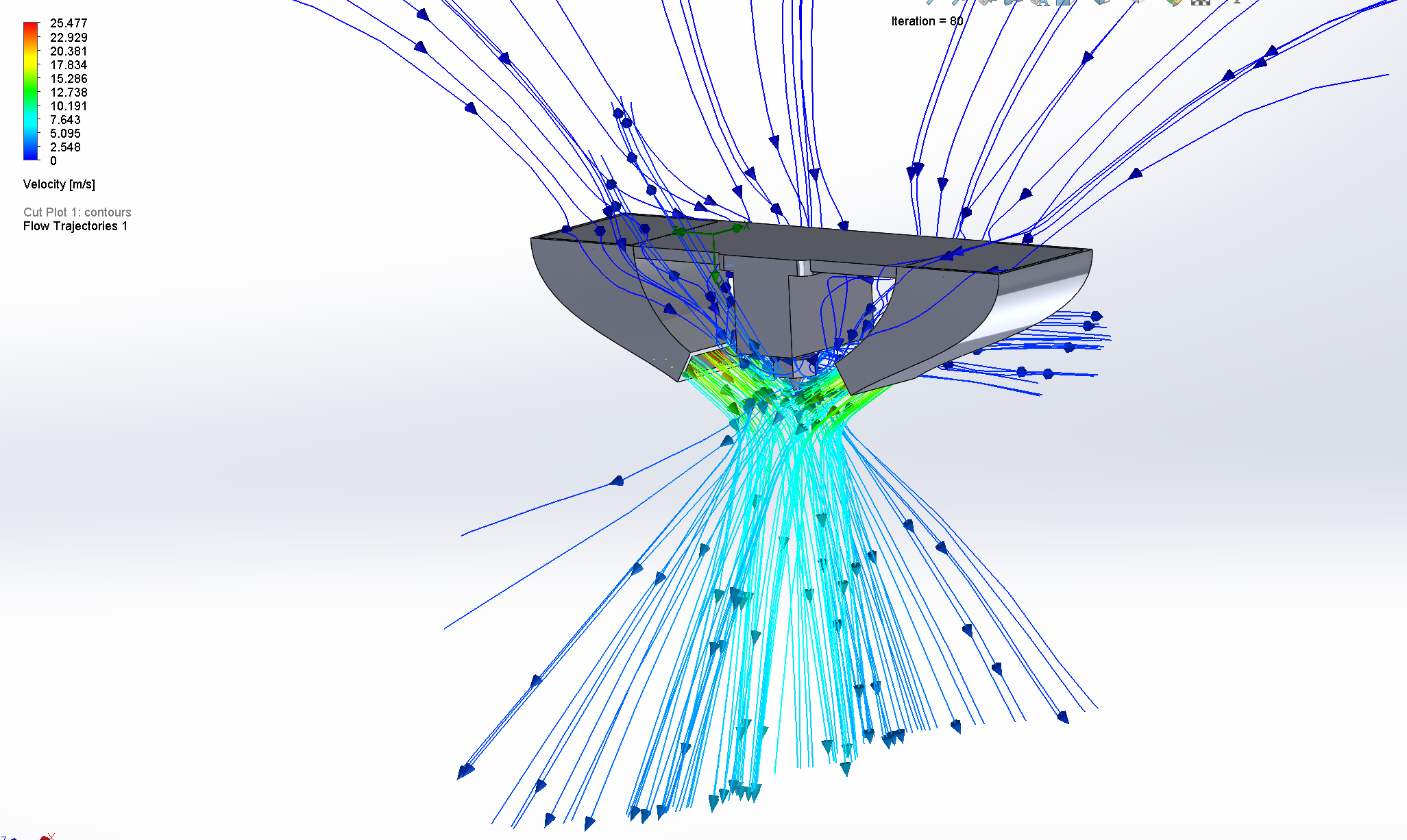 3D CFD flow trajectories through the duct, converging under the nozzle
