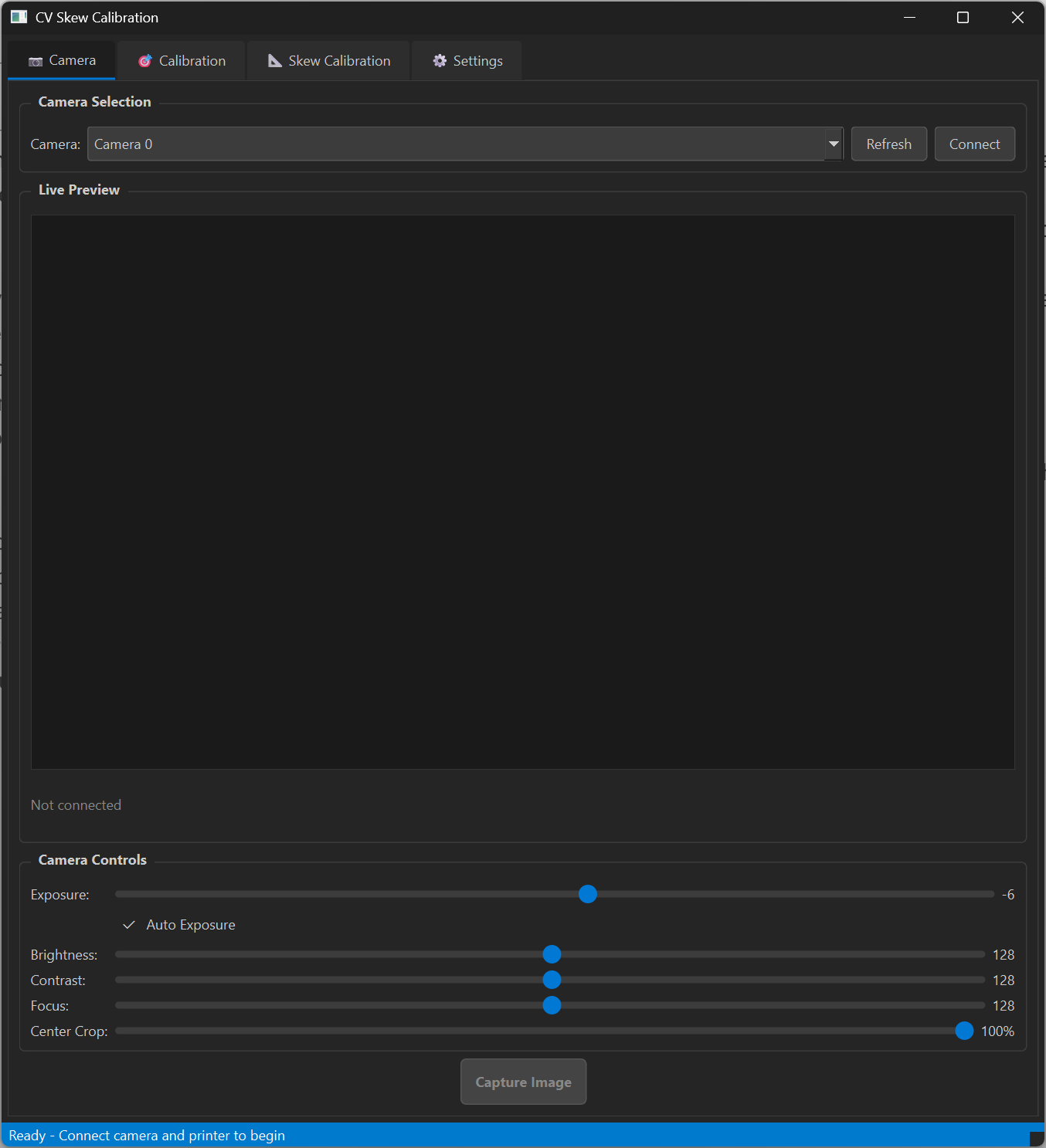 The Camera tab, with camera selection, the live preview area and camera controls
