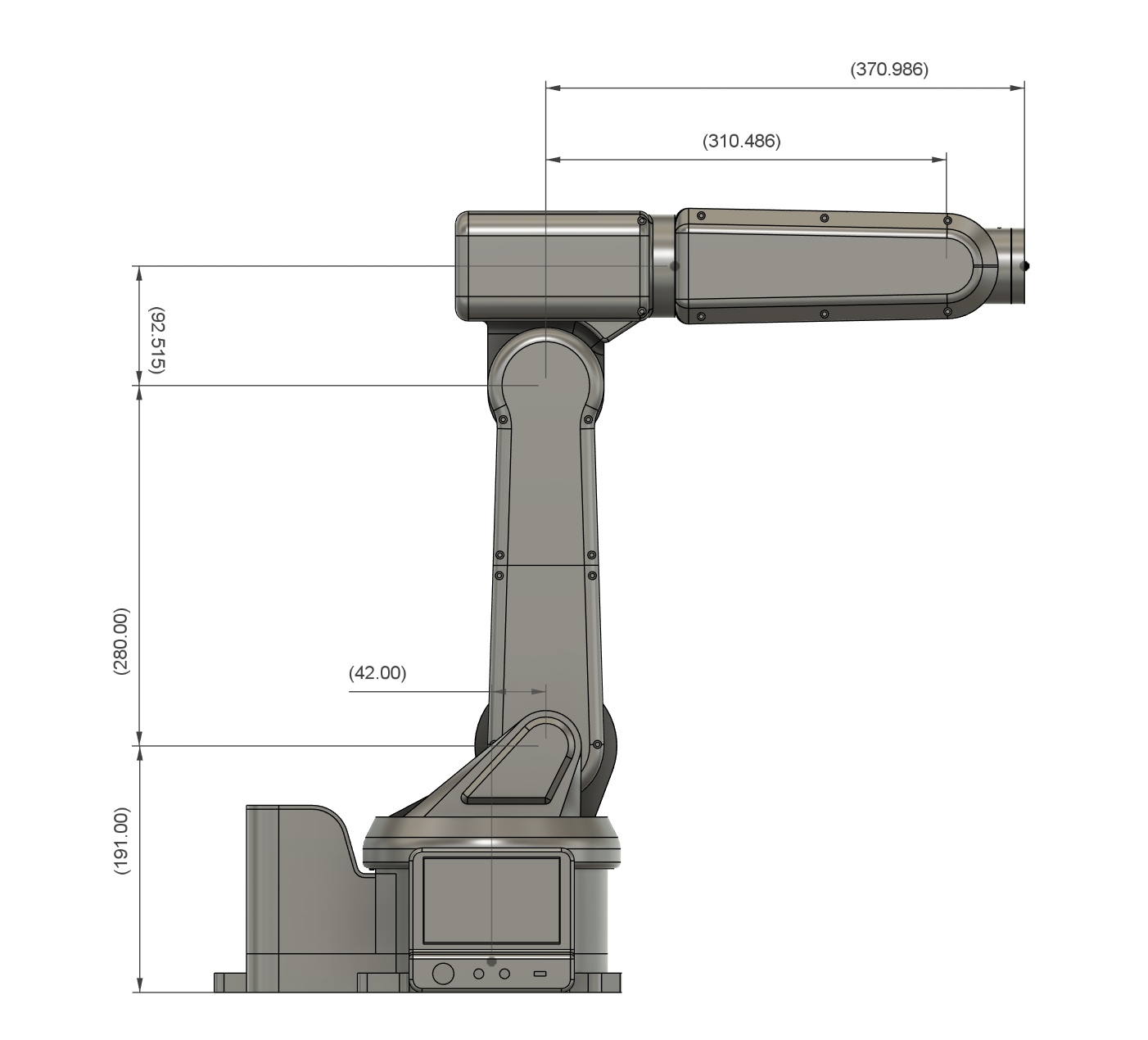 Side view CAD drawing of the arm with link dimensions